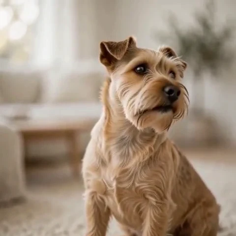 Well-groomed tan terrier alert on a wool rug in a minimal styled living room