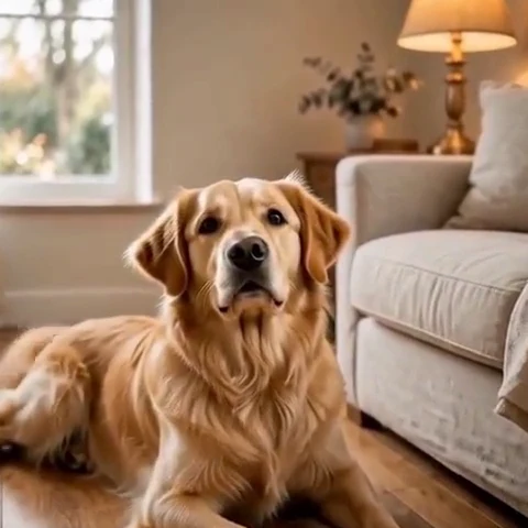 Glossy golden retriever lying on warm oak flooring beside a linen sofa
