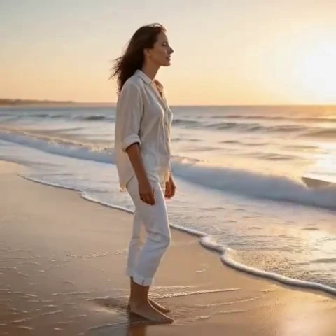 Statuesque woman in her thirties barefoot at the surf line