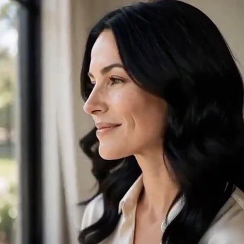 Woman in her thirties with glossy black waves beside a tall window