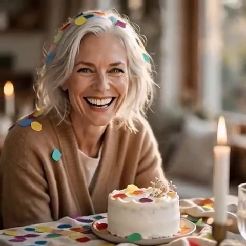 Striking silver-haired woman in a camel cashmere cardigan at a linen-draped table before a