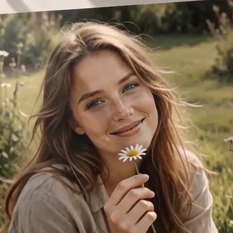 Beautiful woman in a garden holding a single daisy