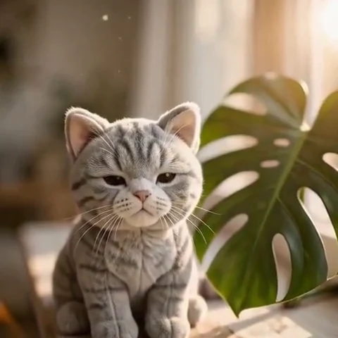 Plush grey tabby on a sunlit windowsill gazing at camera
