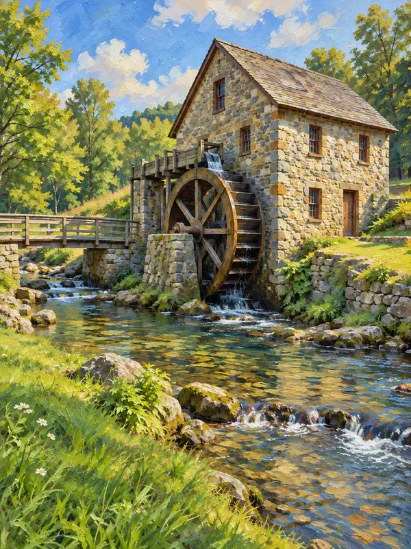 Watermill beside a stream in the Ochre Planes style