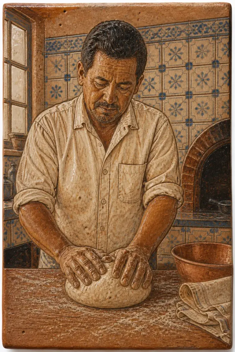 Baker kneading dough in a tiled kitchen in the Kiln Story style