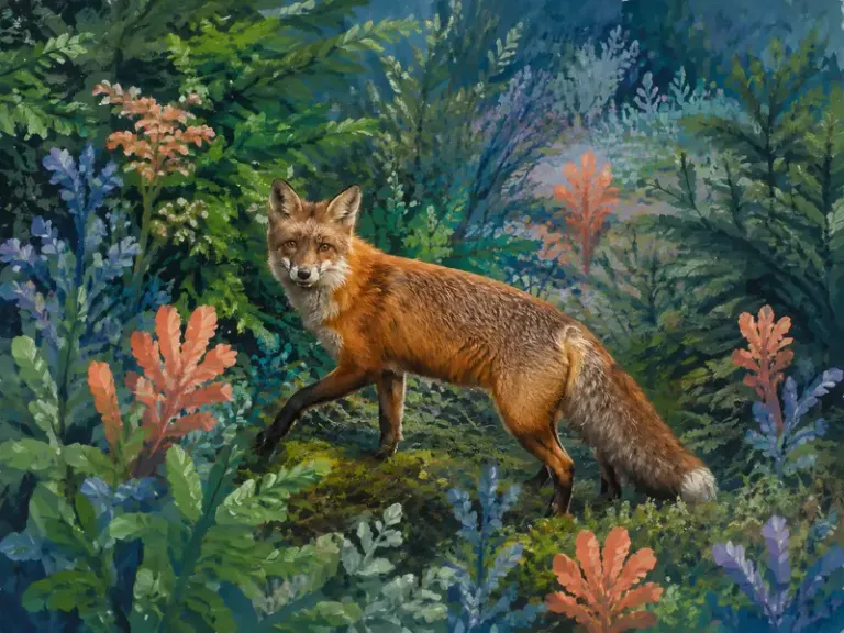 Red fox moving through an autumn thicket in the Coral Undergrowth style