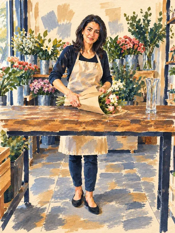 A florist wrapping a bouquet at a wooden worktable in the Bare Gouache style
