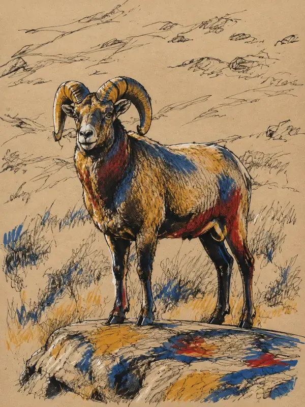 Bighorn ram on a rock in the Marker Tangle style