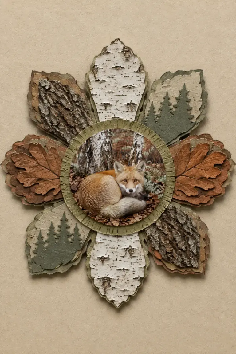 Red fox curled beneath birch trees in the Paper Rosette style