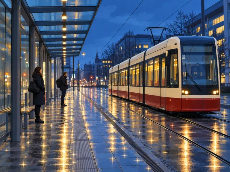 Tram and commuters on a wet platform in the Glint Field style