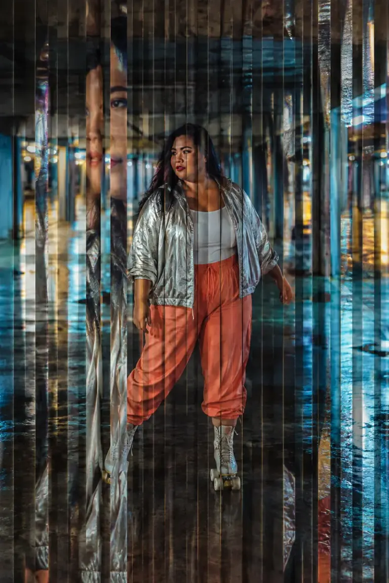 Roller skater beneath city lights in the Prism Slats style