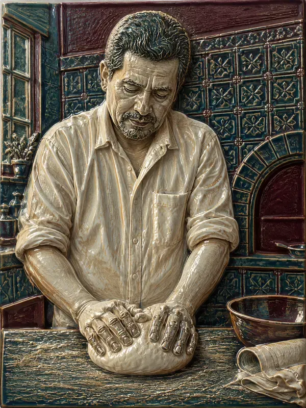 Baker kneading dough in the Nacre Relief style