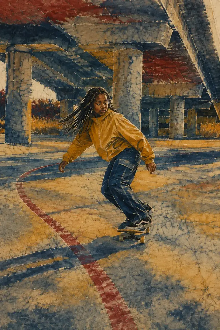 Skateboarder carving beneath an overpass in the Resist Current style