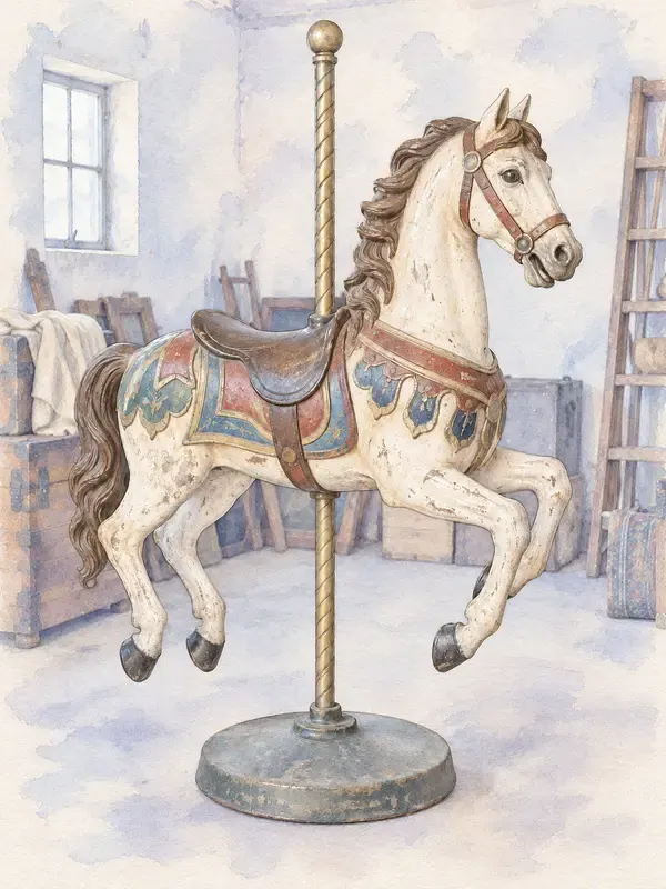 Wooden carousel horse in storage in the Frost Filigree style
