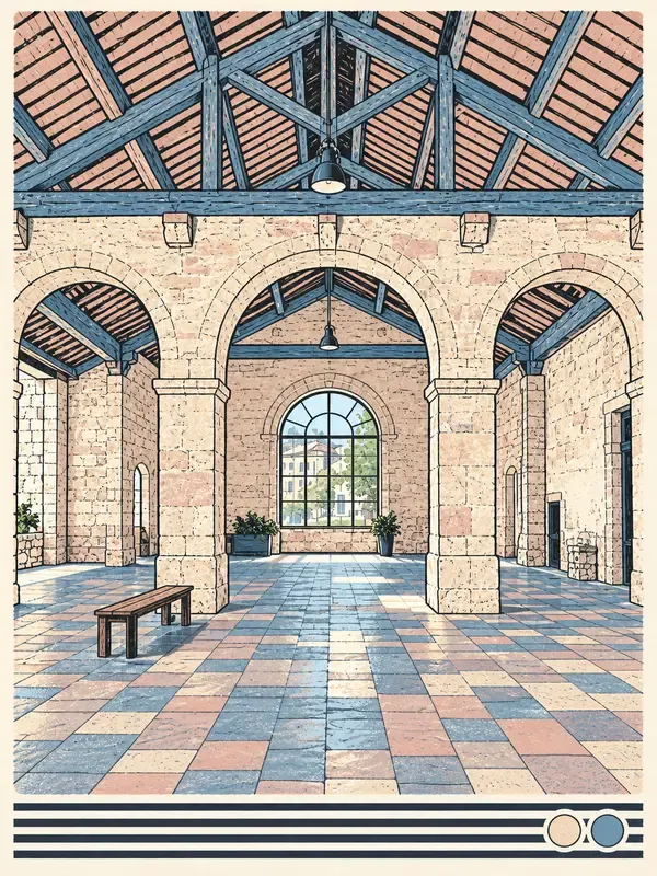 Empty vaulted market hall in the Striped Footnote style