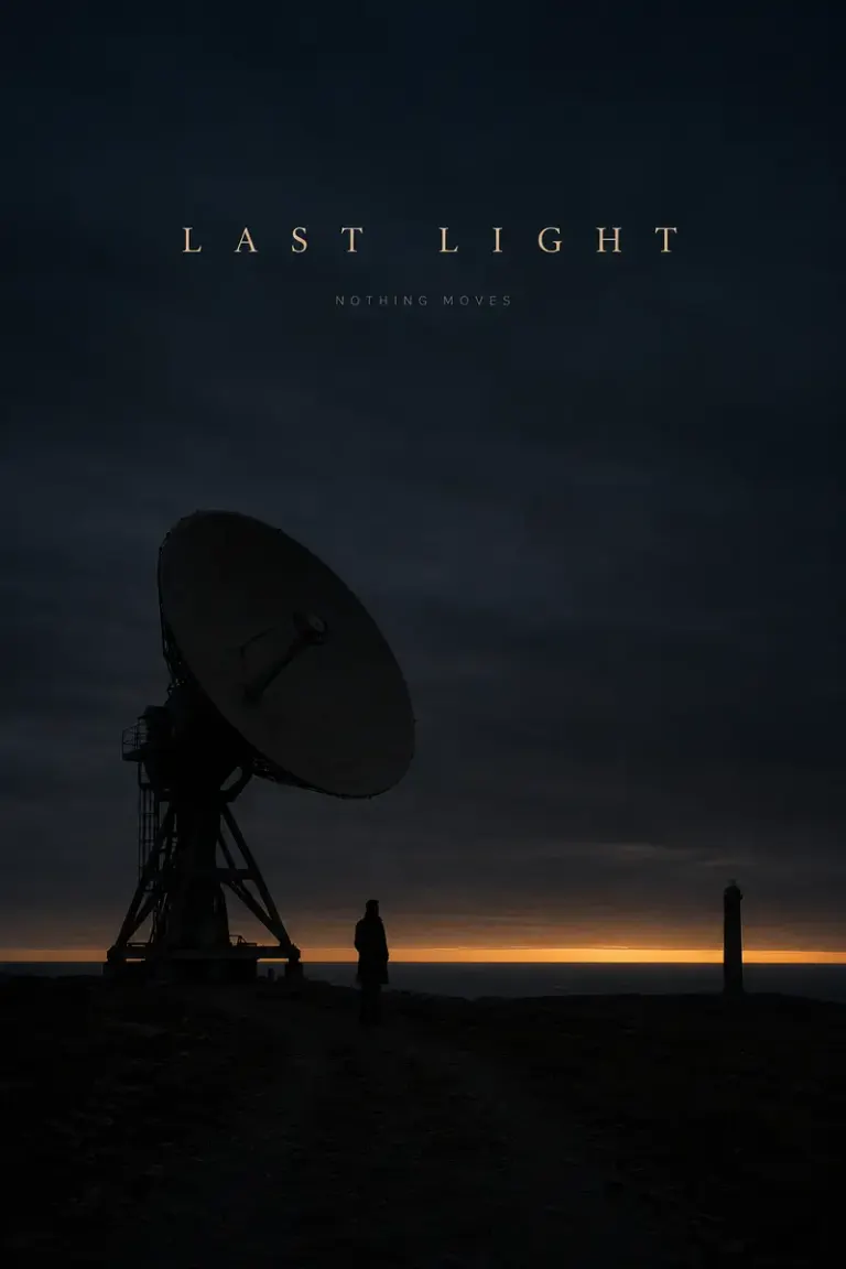 Radio dish and technician at last light in the Monumental Quiet style