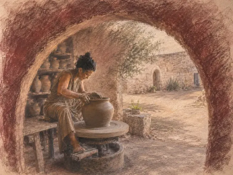 Ceramicist shaping a vessel beneath a courtyard arch in the Burgundy Shelter style