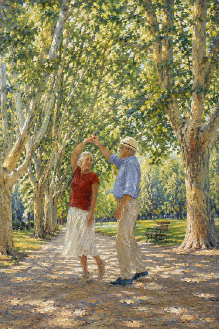 Older couple dancing beneath park trees in the Broken Sun style