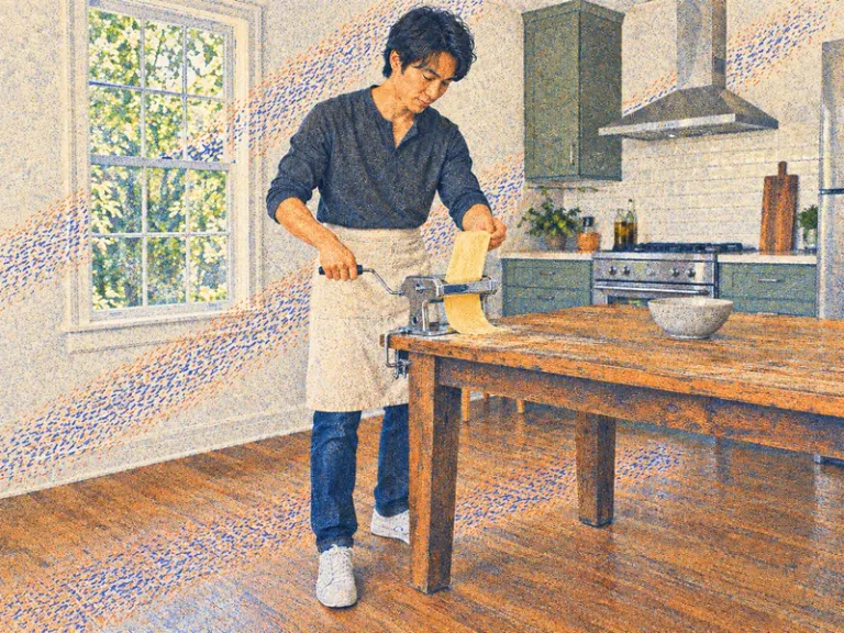 An adult making pasta with a hand-cranked roller in the Particle Drift style
