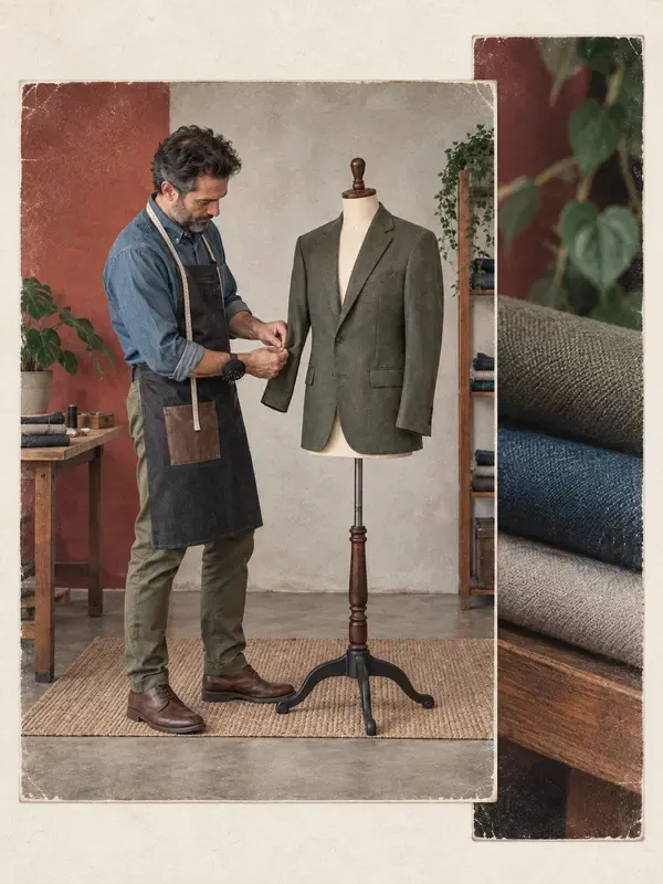 Tailor pinning a jacket in the Offset Passage style