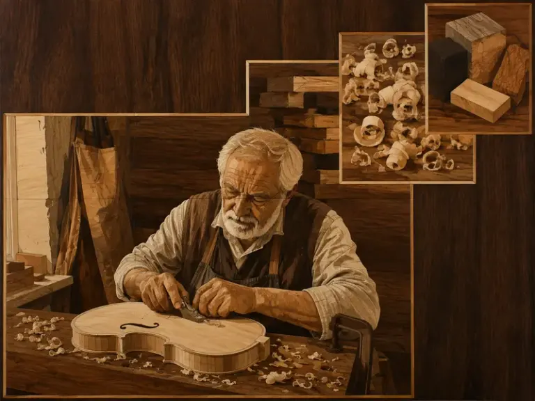 Luthier carving a violin body in the Marquetry Steps style