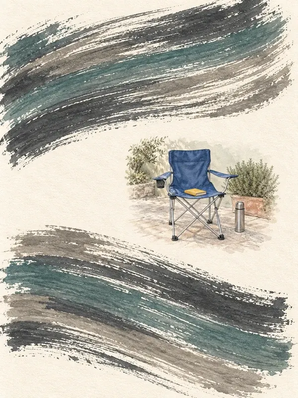 Blue folding chair with book and flask in the Combed Interval style