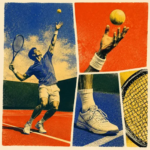Tennis player serving in the Four Color Noise style