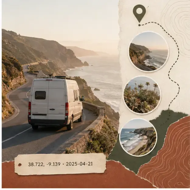 Camper van on a coastal road in the Travel Pins style