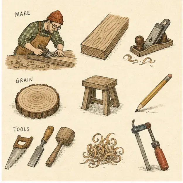 Woodworker at a bench in the Nine Things style