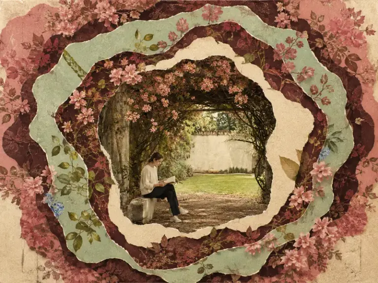 Reader beneath a flowering garden pergola in the Rose Enclosure style
