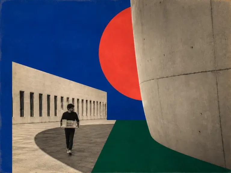 Architect carrying a model through a concrete museum court in the Cobalt Monolith style