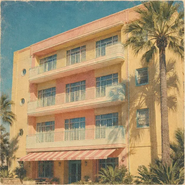 Pastel coastal hotel in the Postcard Summer style