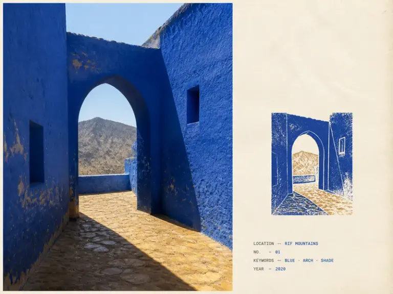 Blue mountain courtyard in the color-led Field Imprint composition