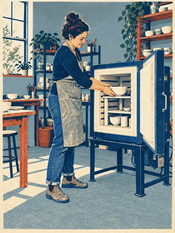 Potter loading a small kiln in the Planar Counterpoint style