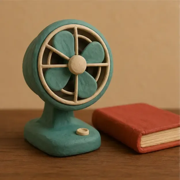 Desk fan and book in the Soft Clay style