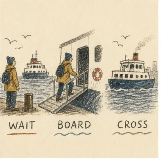 Passenger boarding a ferry in the Story Marks style