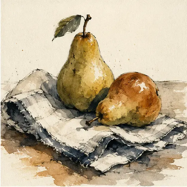 Pears on folded linen in the Ink Bloom style