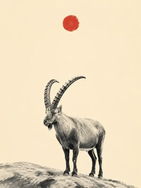 Alpine ibex standing on a rock ledge in the Distant Disc style