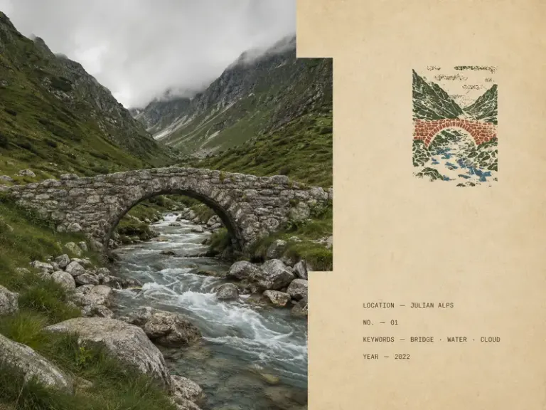 Alpine stone footbridge in the asymmetric Field Imprint composition
