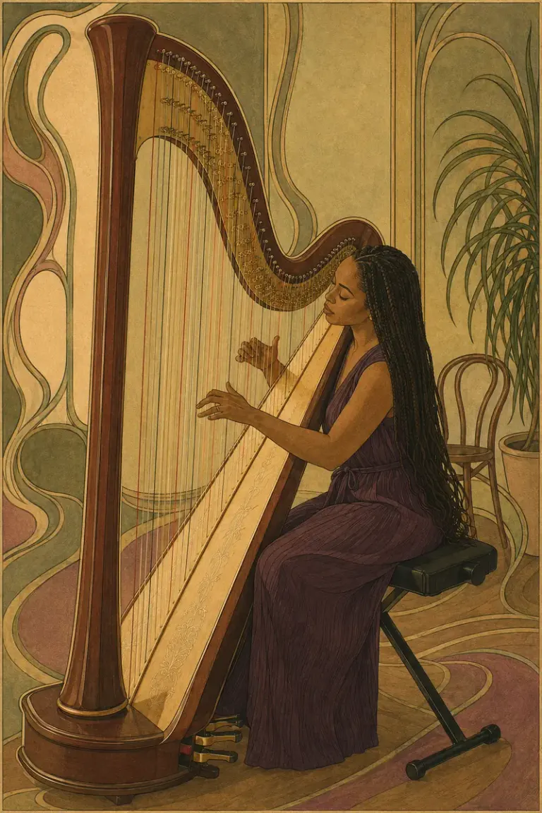 Harpist playing in a quiet salon in the Whiplash Nouveau style