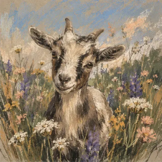 Goat in a meadow in the Chalk Sunday style