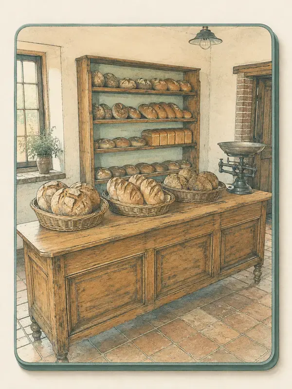 Bakery counter with baskets and balance scale in the Illustrated Case style
