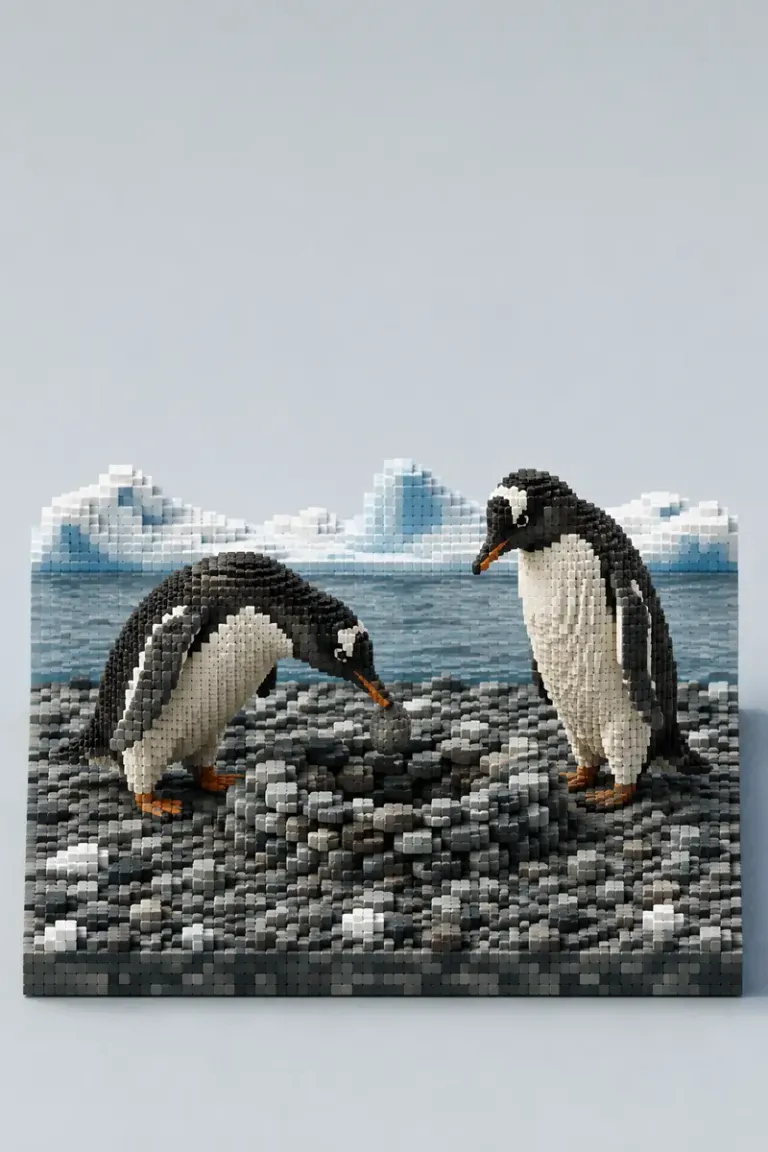Two penguins arranging stones at a nest in the Voxel Keepsake style