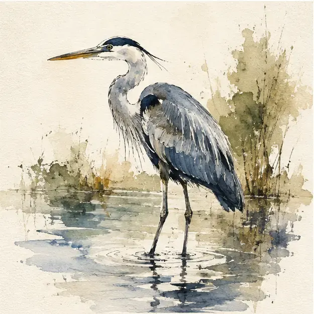 Blue heron in shallow water in the Ink Bloom style
