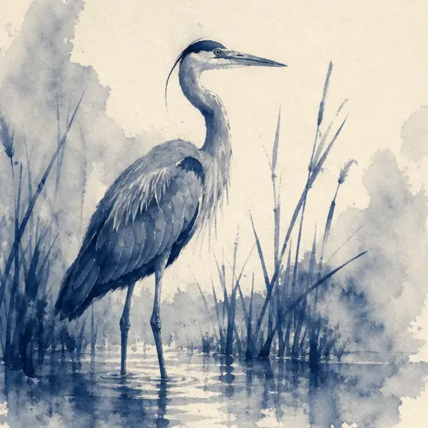 Heron in shallow water in the Mono Wash style