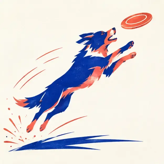 Dog catching a flying disc in the Action Shapes style