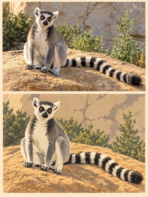 Ring-tailed lemur sitting on a rock in the Paperprint Pair style