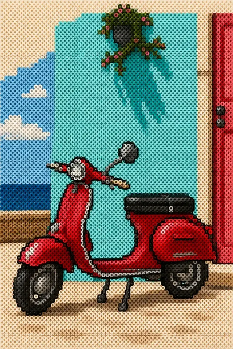 Red scooter parked by a turquoise seaside wall in the Bead Sprite style
