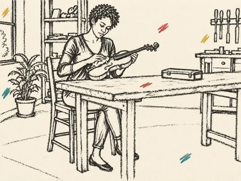 Adult violin restorer polishing an instrument at a workbench in the Ragged Underfill style