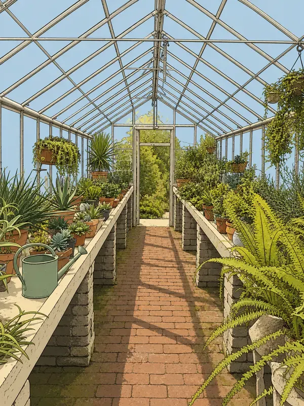Empty greenhouse with potted plants in the Daybreak Cel style